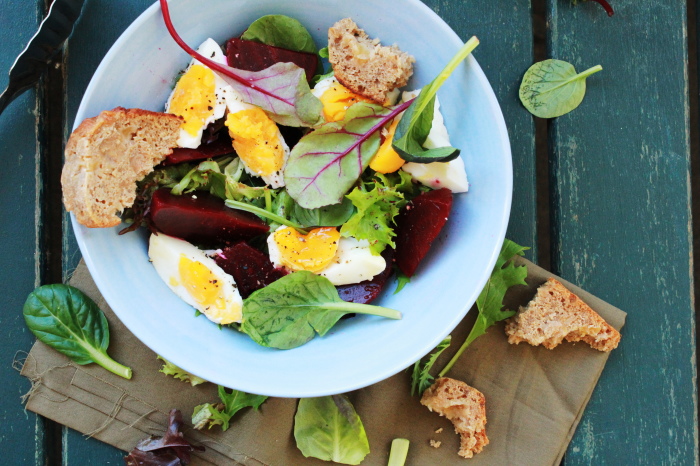 Roasted beet salad with egg and honey balsamic dressing