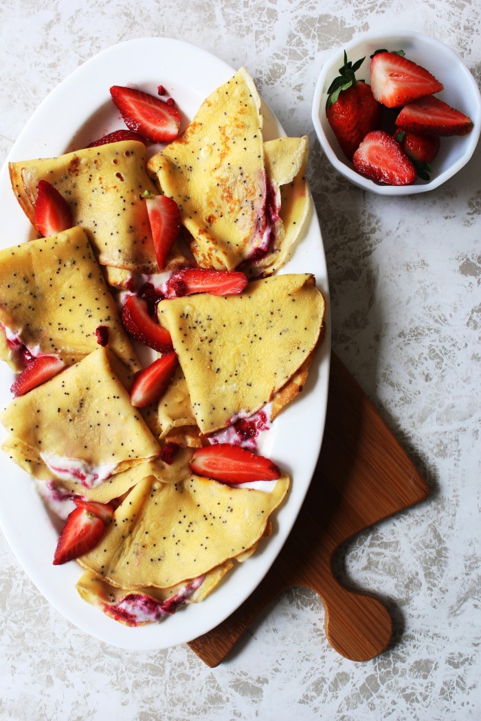 poppy seed crepes with strawberries and yogurt