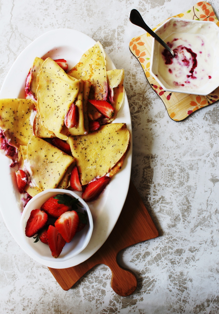 poppy seed crepes with strawberries and yogurt