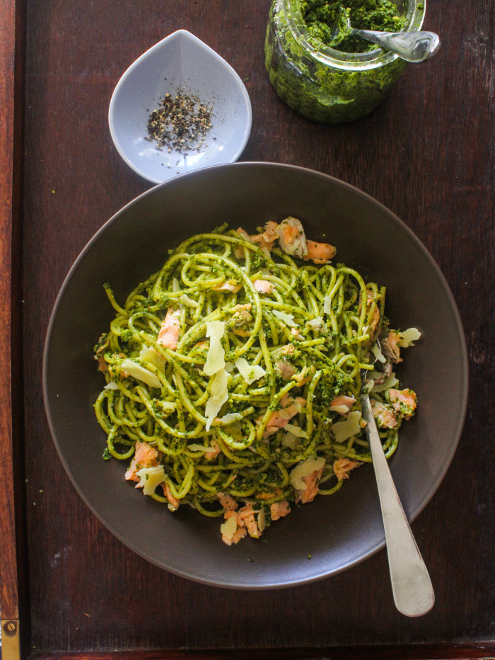 kale pesto pasta with salmon