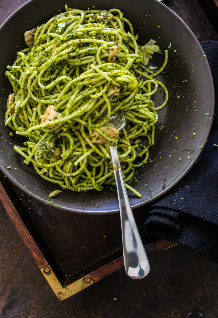 kale pesto pasta with salmon