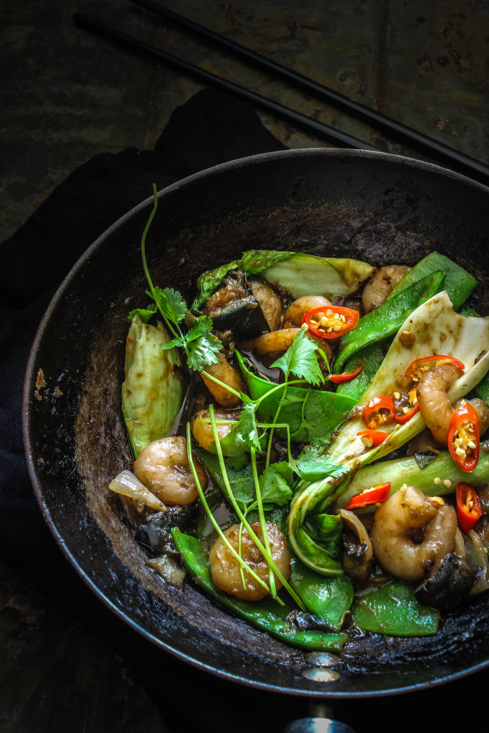 prawn and eggplant hoisin stir-fry