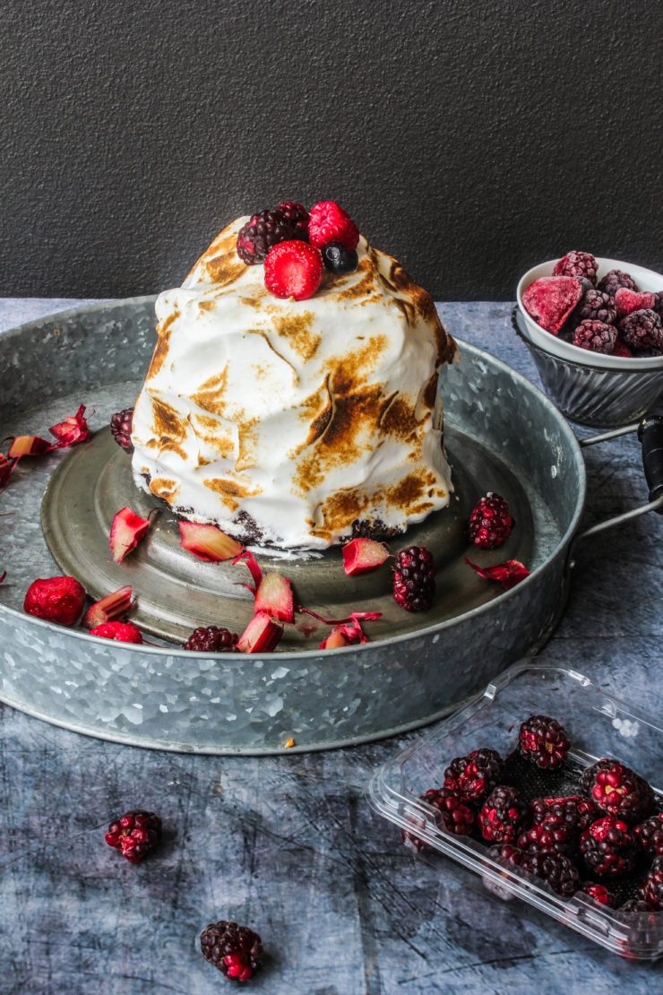 baked alaska with chocolate, rhubarb and strawberry