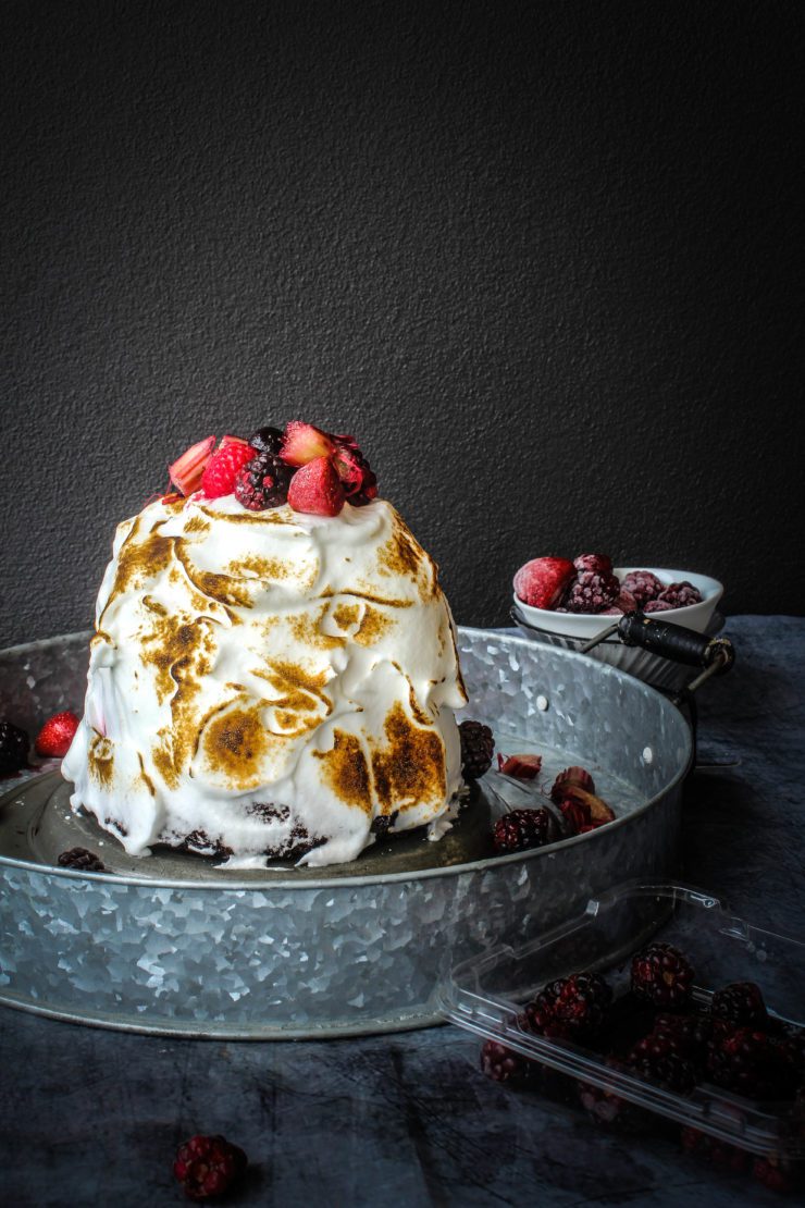 baked alaska with chocolate, rhubarb and strawberry