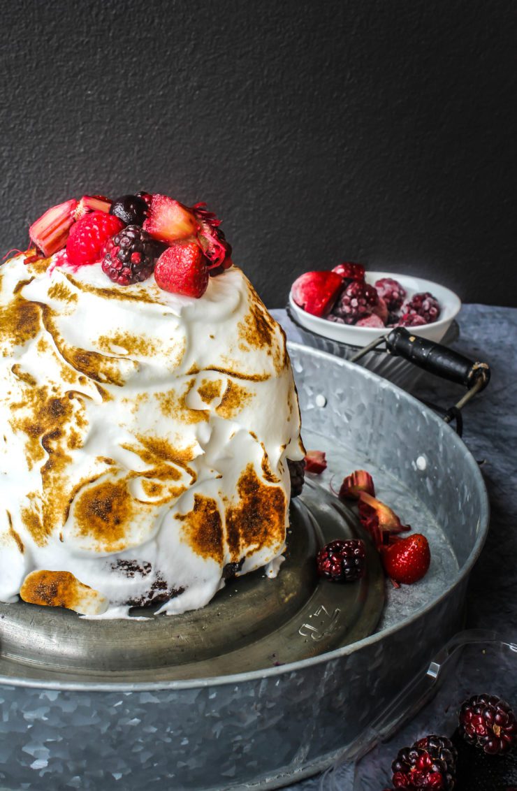 baked alaska with chocolate, rhubarb and strawberry