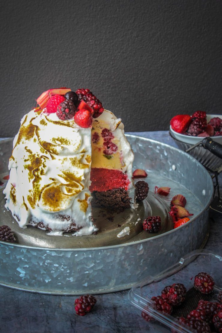 baked alaska with chocolate, rhubarb and strawberry