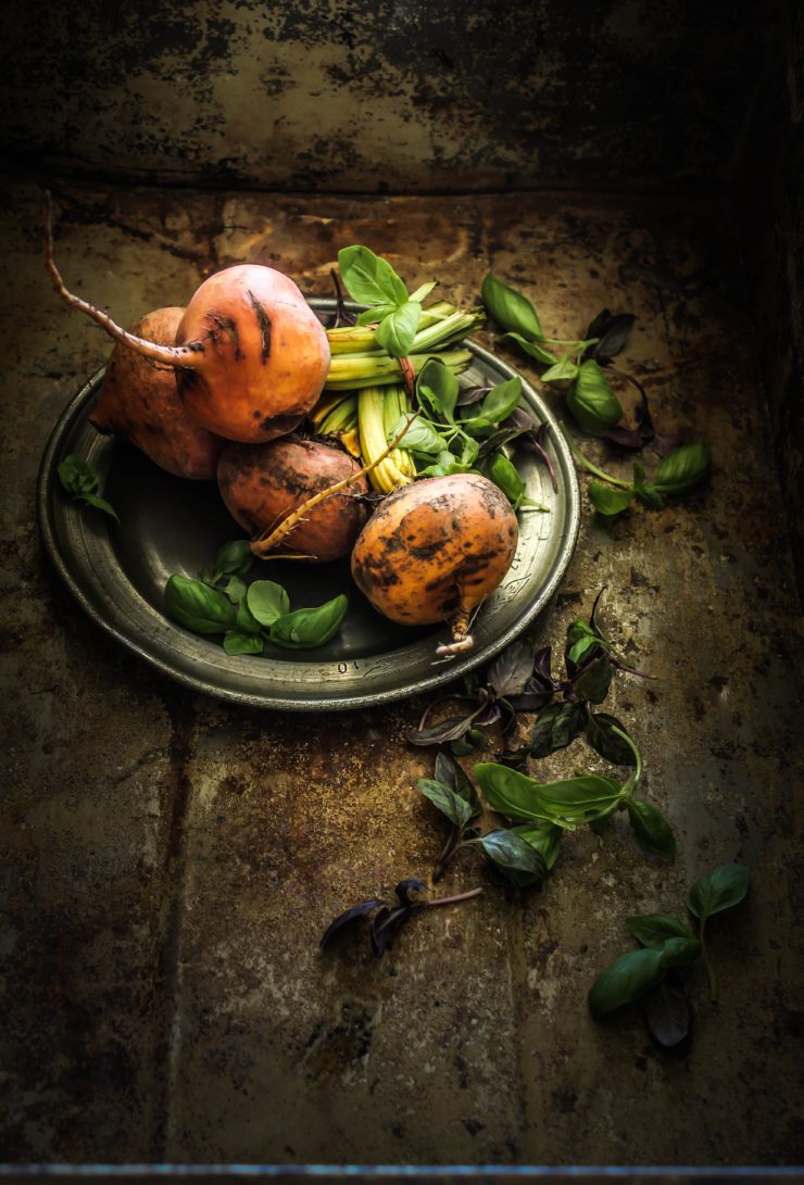 warm lentil salad with golden beets and green peas