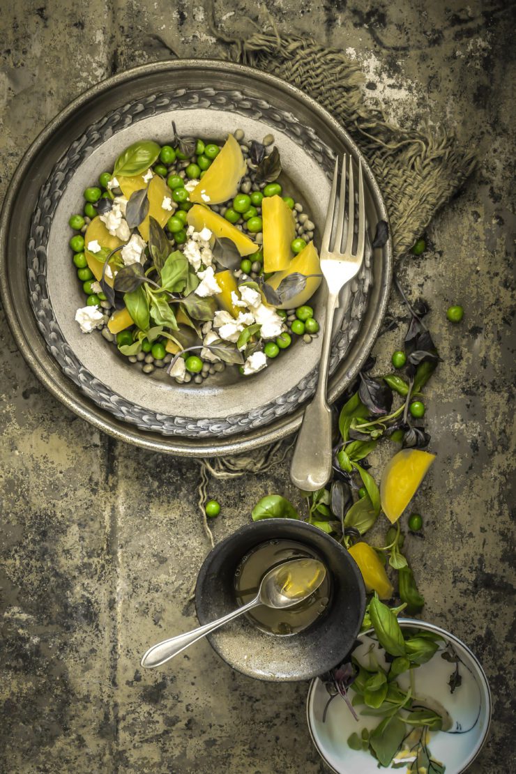 warm lentil salad with golden beets and green peas