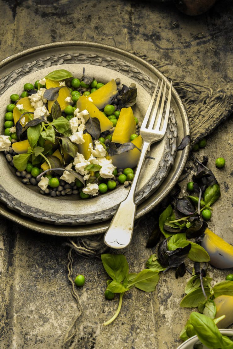 warm lentil salad with golden beets and green peas