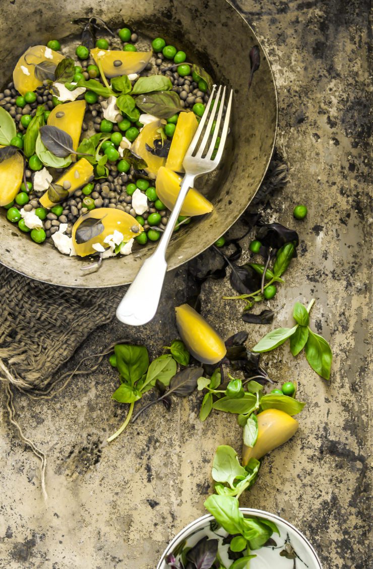 warm lentil salad with golden beets and green peas