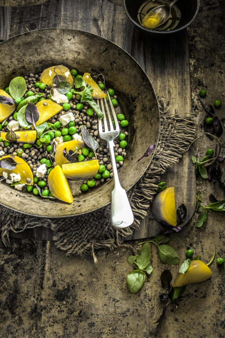 warm lentil salad with golden beets and green peas