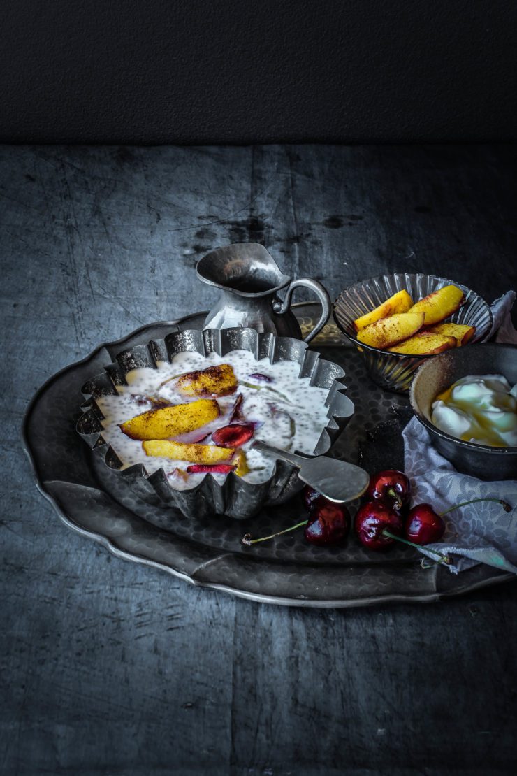 chia seed pudding with maple yogurt and cinnamon roasted nectarines