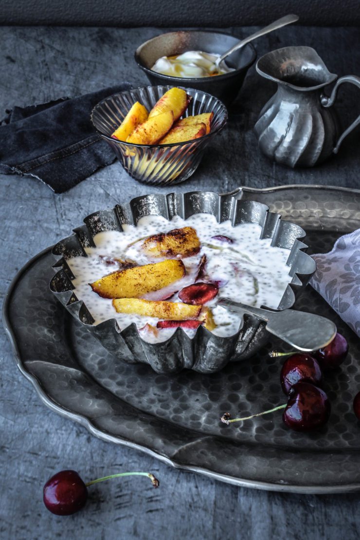 chia seed pudding with maple yogurt and cinnamon roasted nectarines