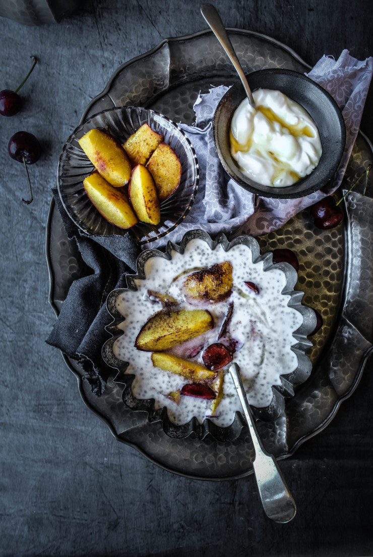 chia seed pudding with maple yogurt and cinnamon roasted nectarines