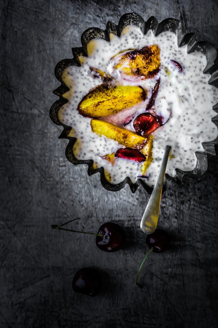 chia seed pudding with maple yogurt and cinnamon roasted nectarines