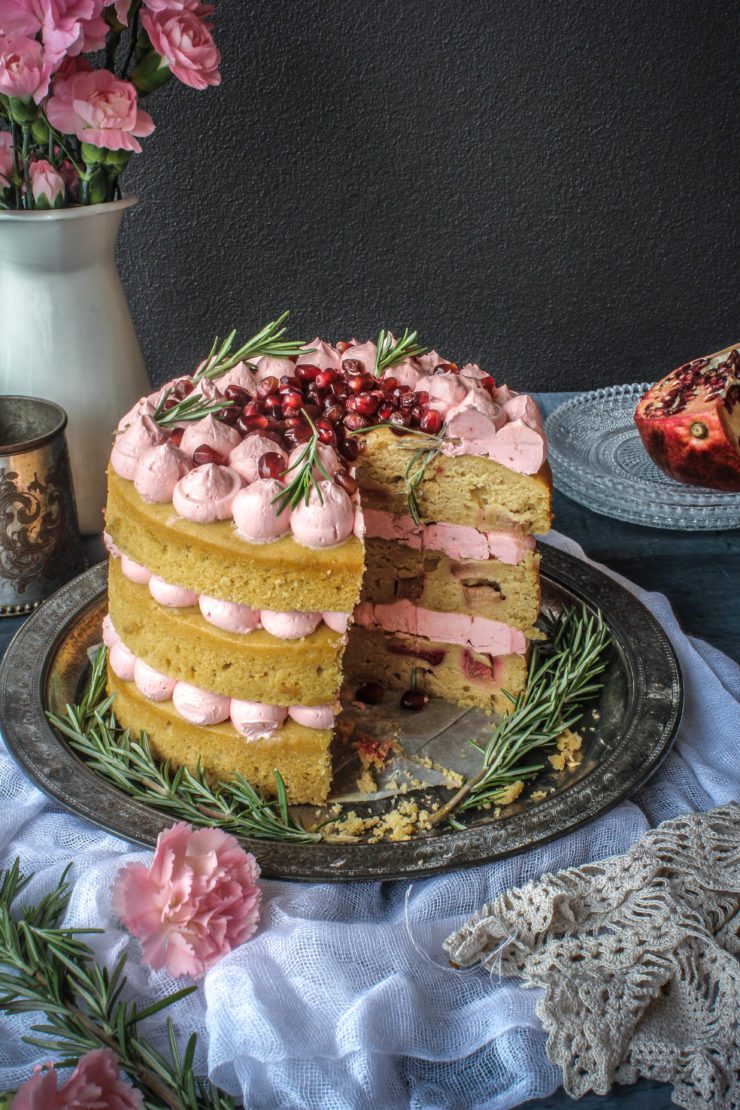 rhubarb cake with pomegranate and rosemary buttercream