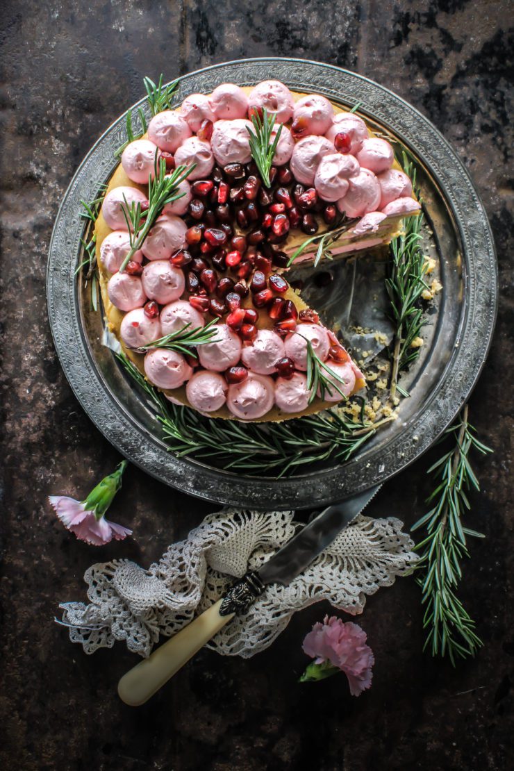 rhubarb cake with pomegranate and rosemary buttercream