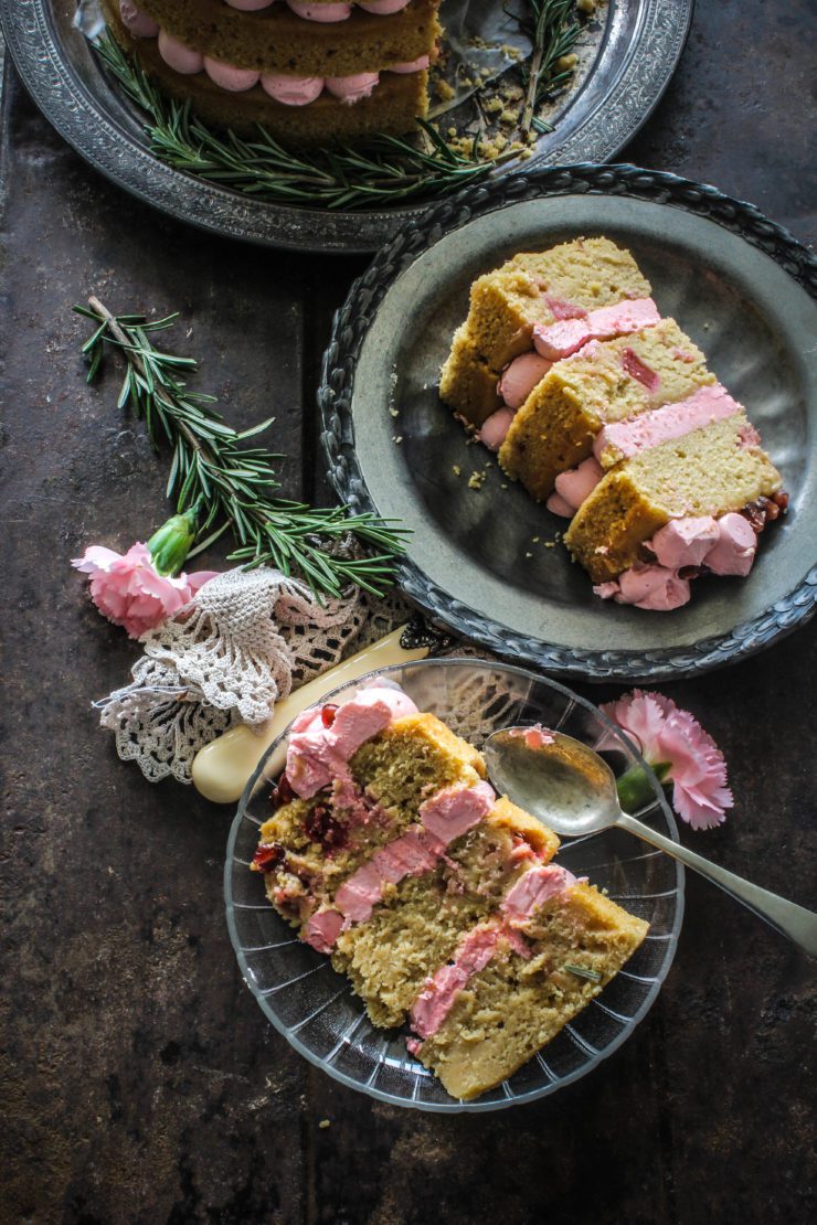 rhubarb cake with pomegranate and rosemary buttercream