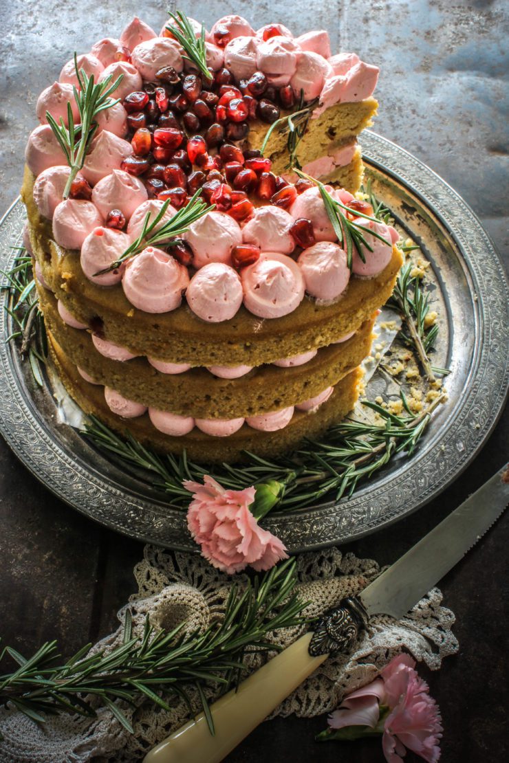 rhubarb cake with pomegranate and rosemary buttercream