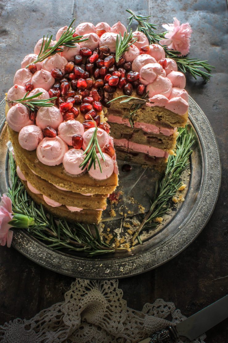 rhubarb cake with pomegranate and rosemary buttercream