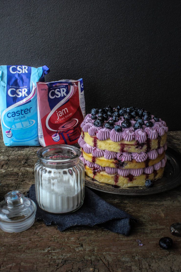 blueberry cake with blueberry jam and blueberry buttercream