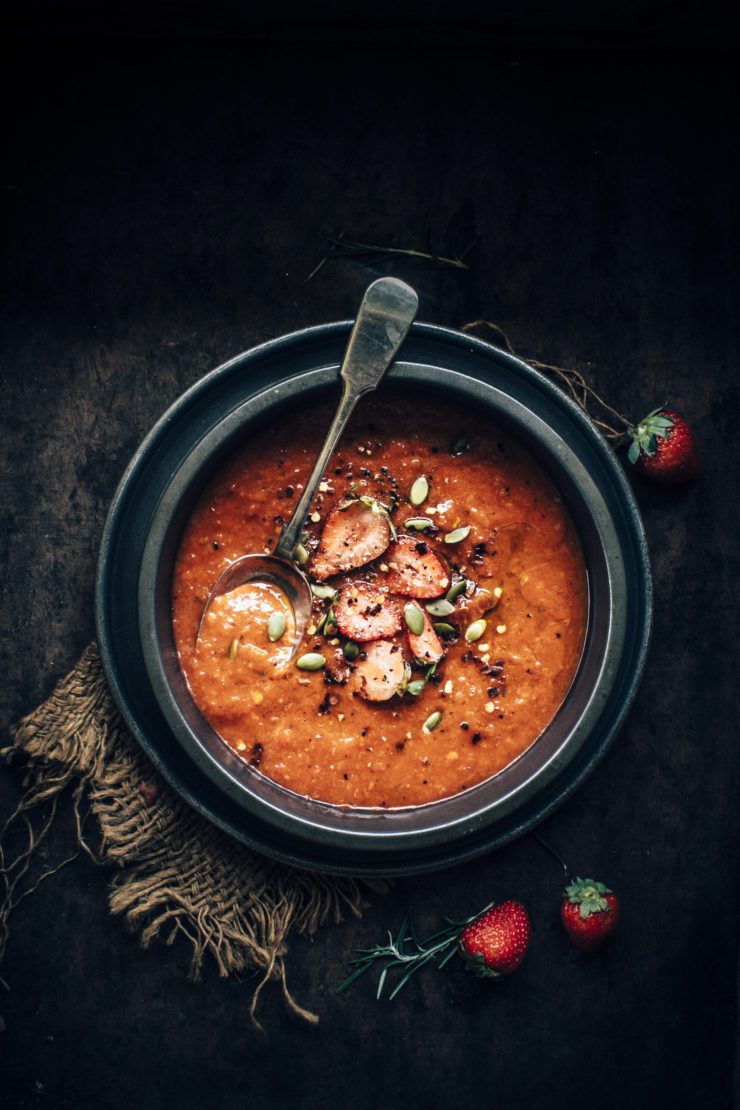 Roasted red pepper and strawberry soup