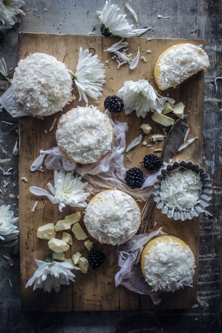 coconut cake with blackberries and white chocolate