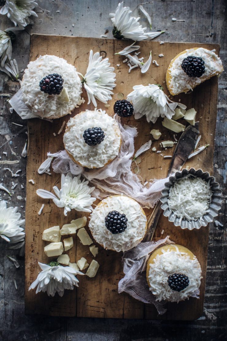 coconut cake with blackberries and white chocolate