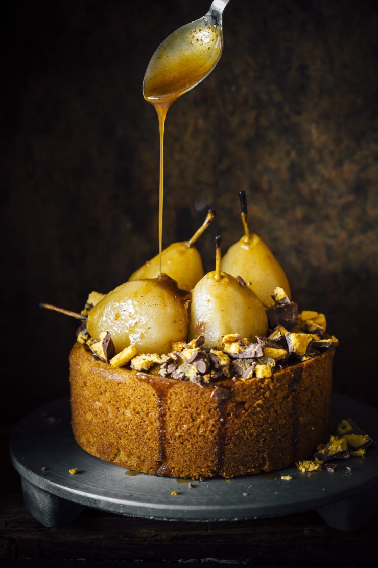 Ginger Cake with salted caramel poached pears