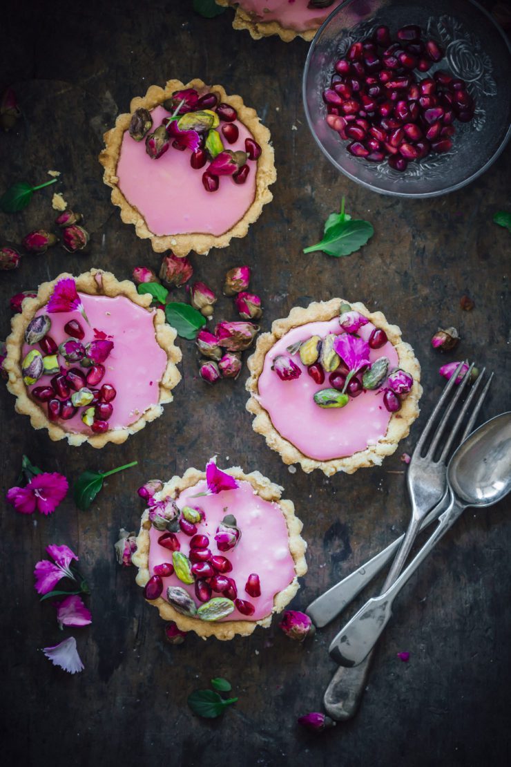 Rosewater Tartlets with pomegranates and pistachios