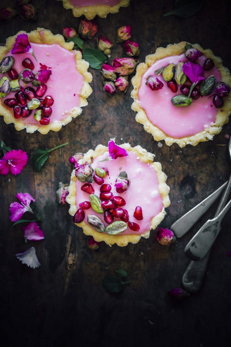 Rosewater Tartlets with pomegranates and pistachios