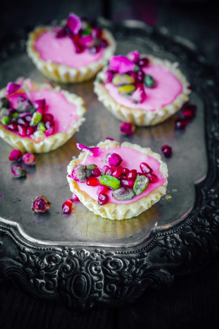 Rosewater Tartlets with pomegranates and pistachios