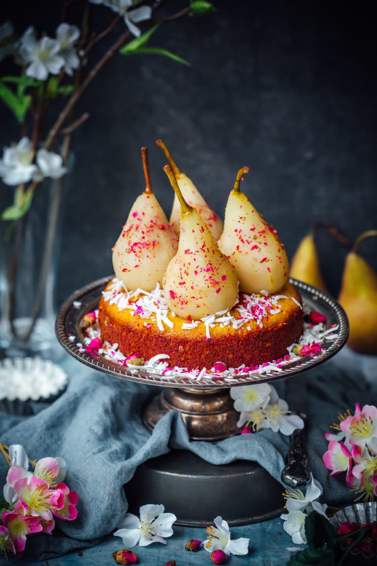 Rosewater Poached Pears with Cardamom Coconut Cake