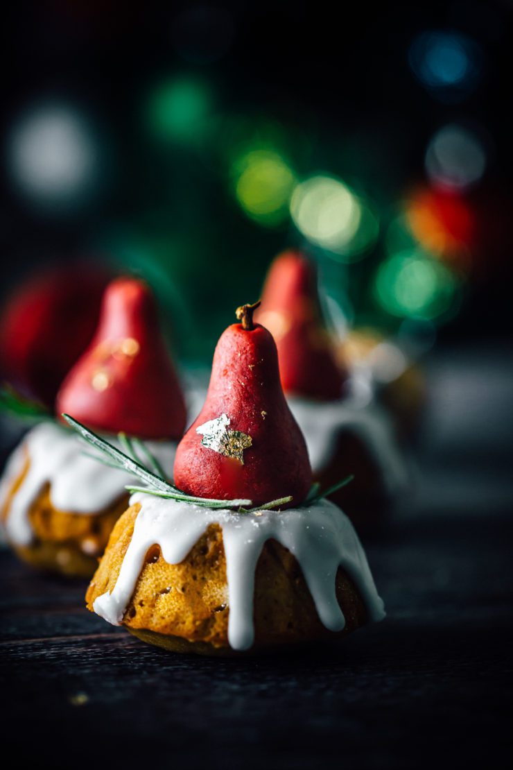 Mini Gingerbread Bundt Cakes with Marzipan Pears