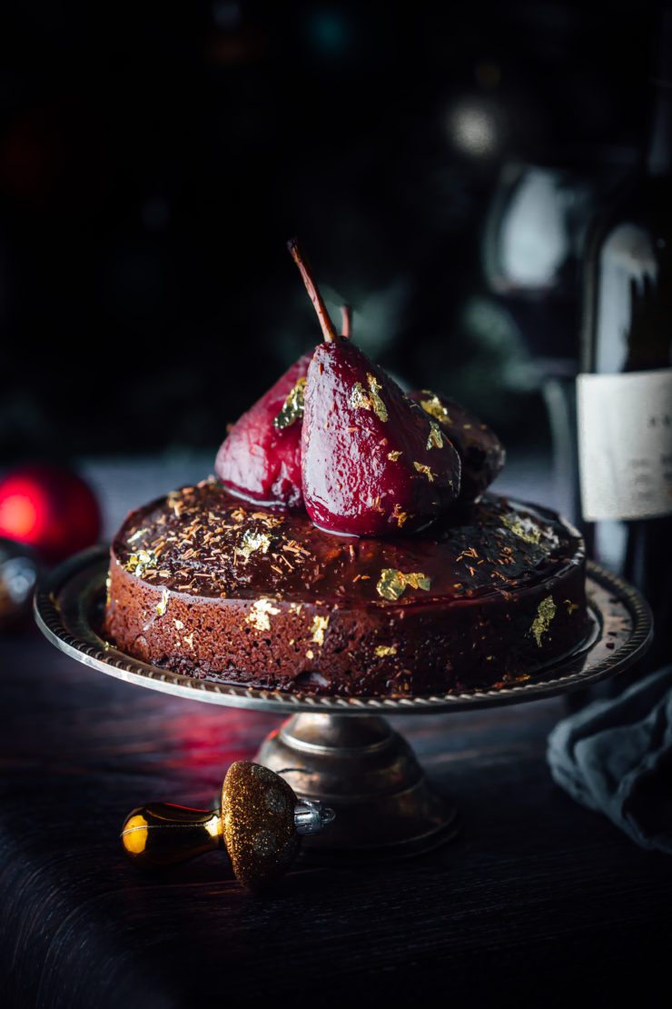 Red wine poached pears and red wine cake