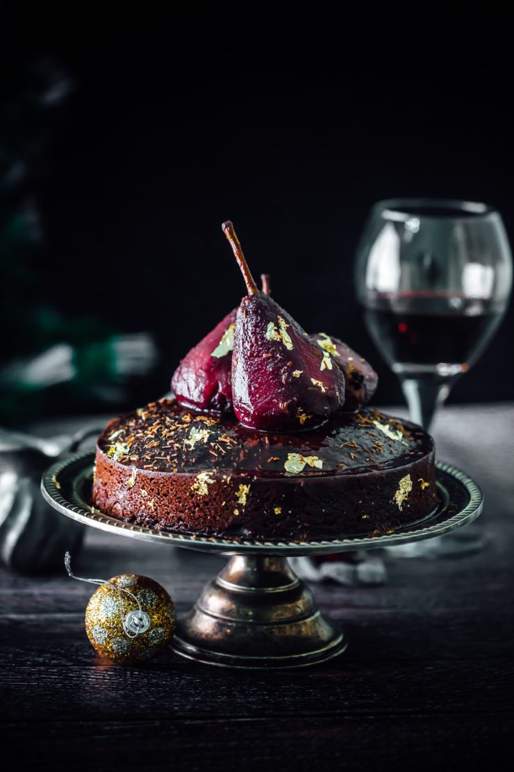 Red wine poached pears and red wine cake