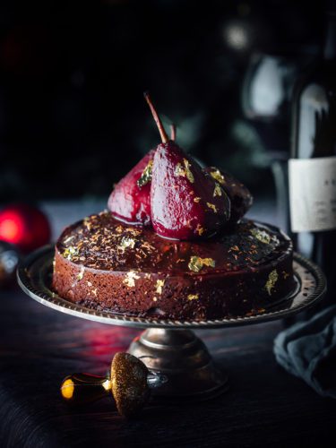 Red wine poached pears and red wine cake